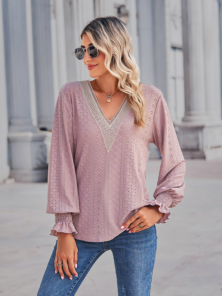V-Neck Eyelet Flounce Sleeve Blouse - Classique Collection