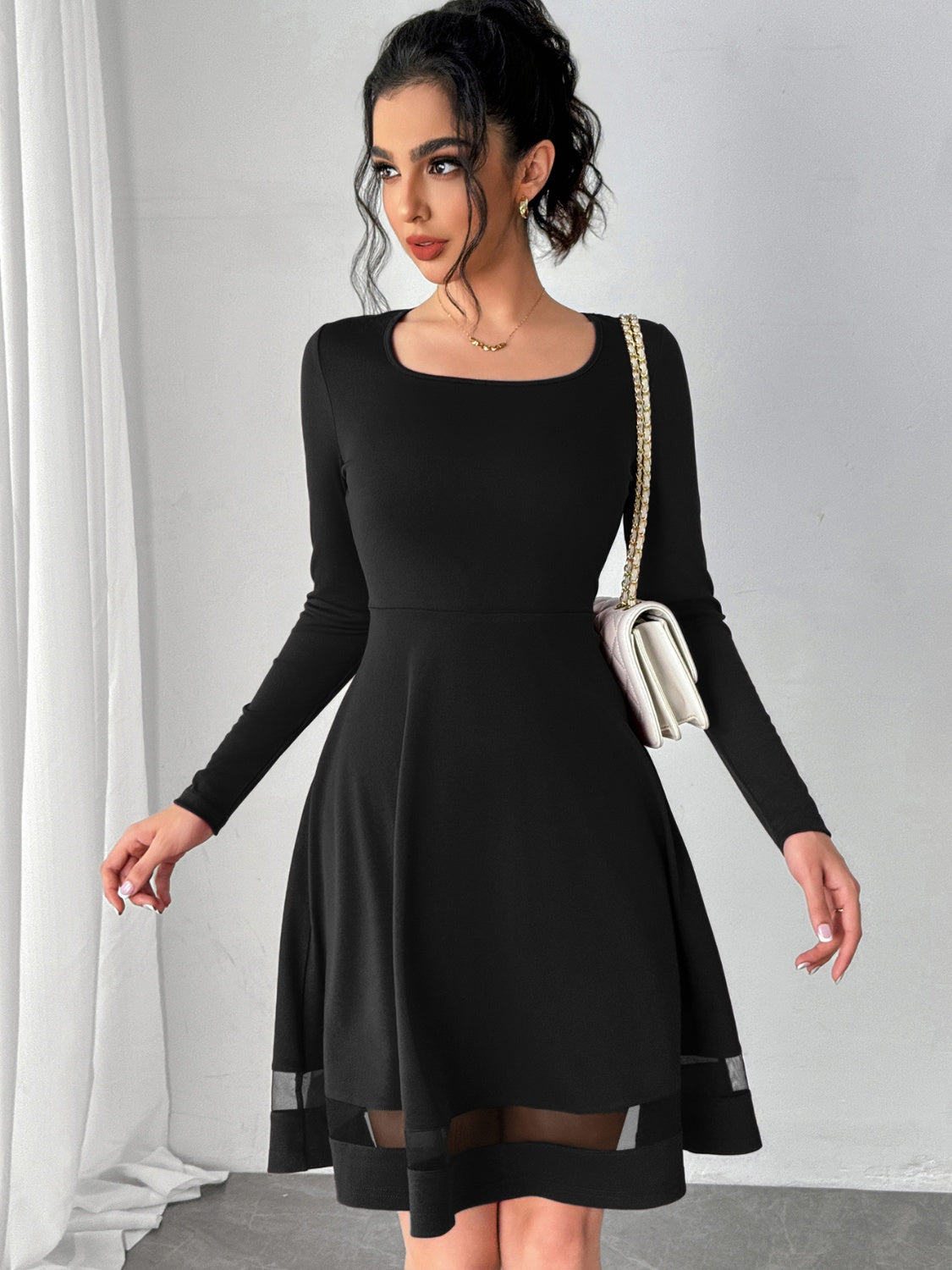 Square Neck Long Sleeve Mini Dress - Classique Collection