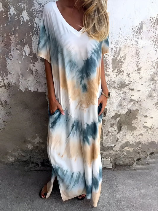 Full Size Pocketed Tie-Dye Short Sleeve Dress - Classique Collection