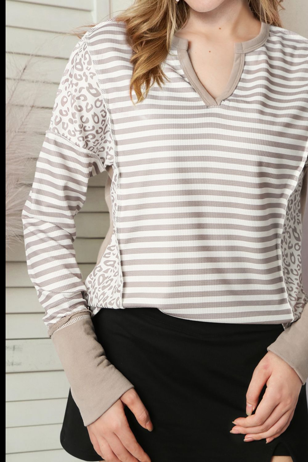 Exposed Seam Striped Notched Blouse - Classique Collection