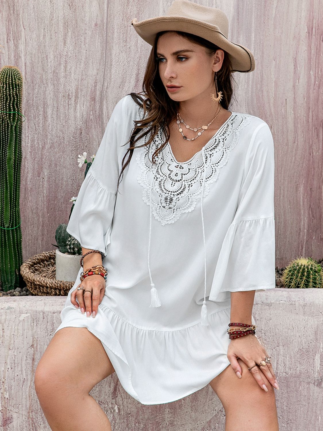 Plus Size Lace Detail Tie Neck Three-Quarter Sleeve Mini Dress - Classique Collection