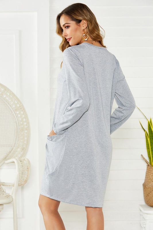 Pocketed Round Neck Long Sleeve Dress - Classique Collection