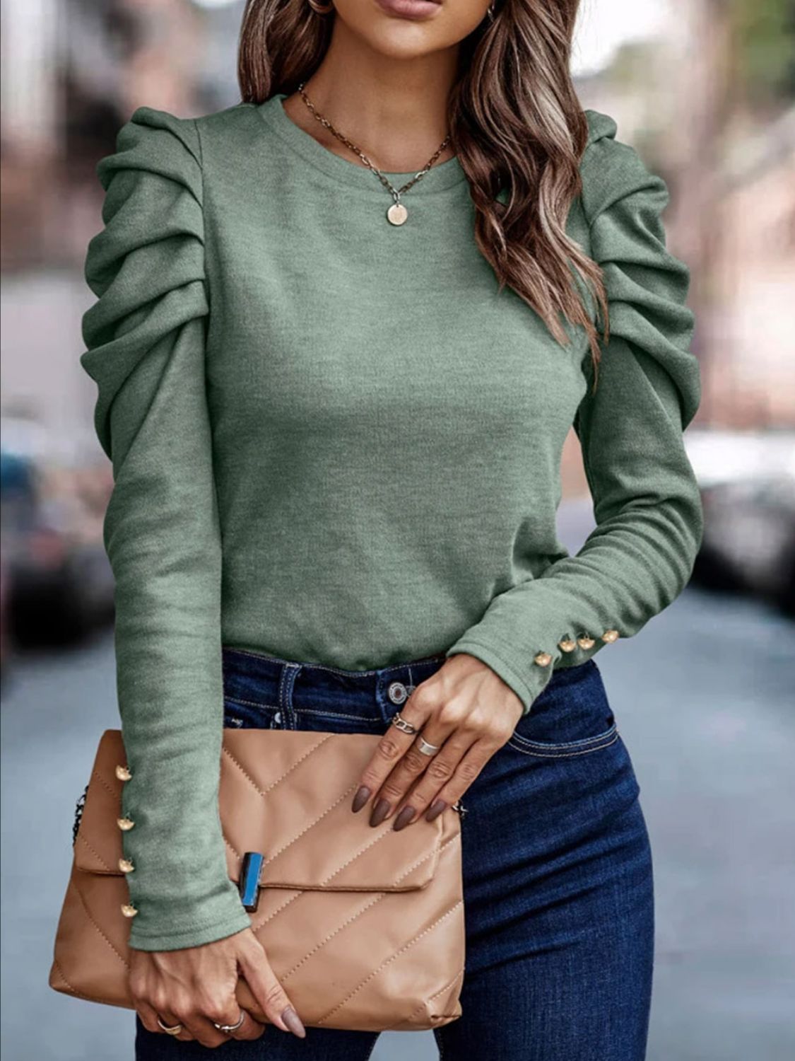 Round Neck Puff Sleeve Sleeve Blouse - Classique Collection