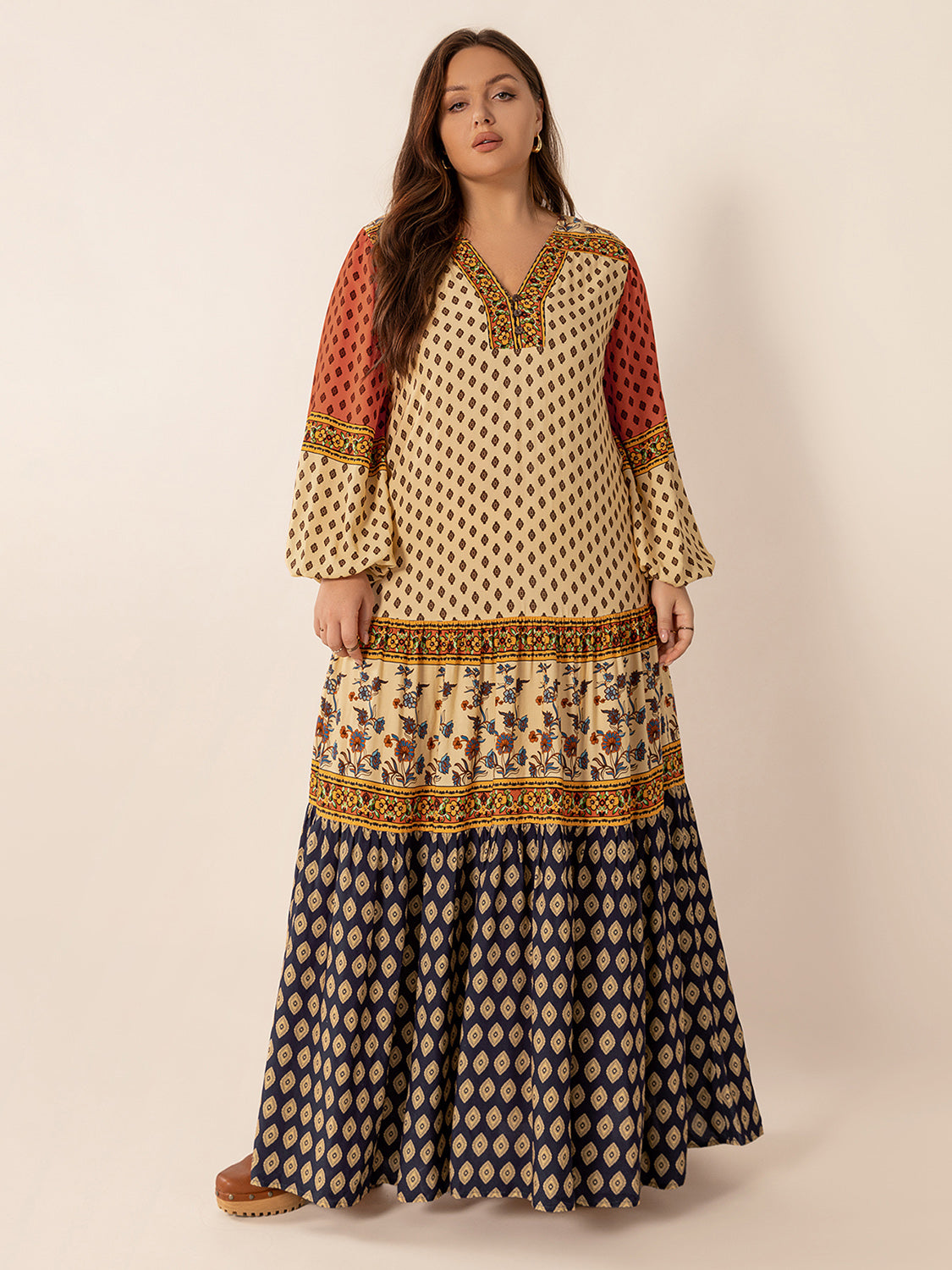 Plus Size Printed V-Neck Long Sleeve Maxi Dress - Classique Collection