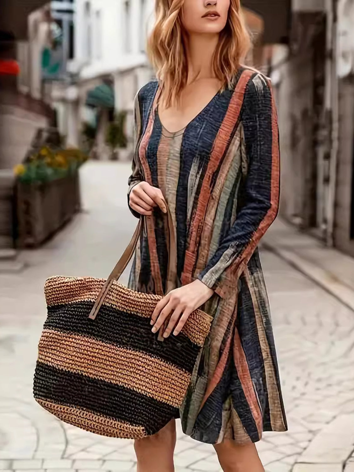 Full Size Contrast Stripes Long Sleeve Mini Dress - Classique Collection