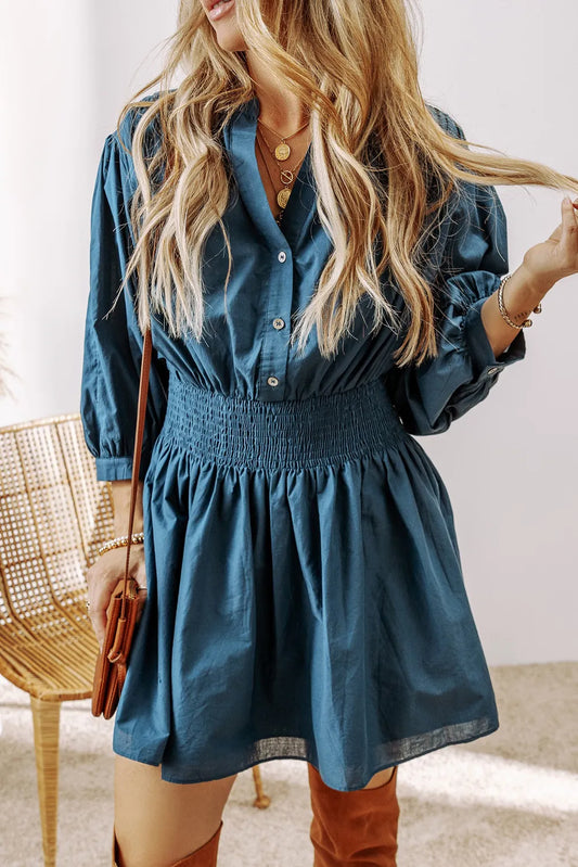 Smocked Half Button Three-Quarter Sleeve Mini Dress - Classique Collection