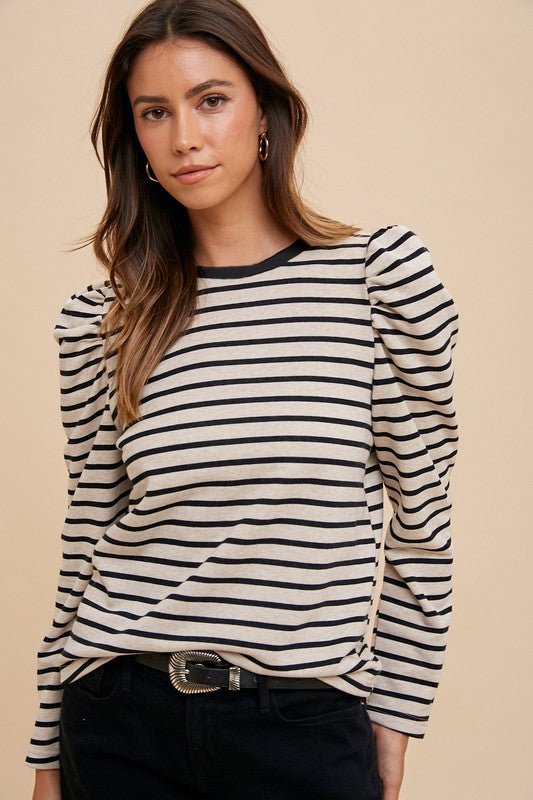 Annie Wear Striped Round Neck Puff Sleeve French Terry Top - ClassiQ