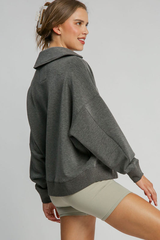 Umgee Johnny Collar Dropped Shoulder Sweatshirt - Classique Collection