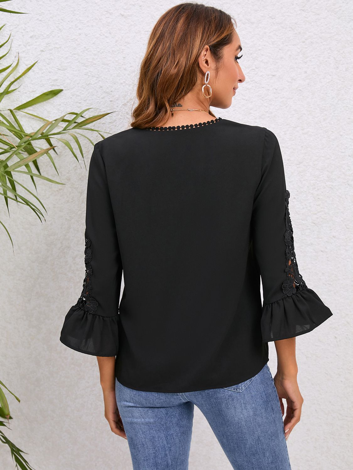 V-Neck Lace Detail Flounce Sleeve Blouse - Classique Collection