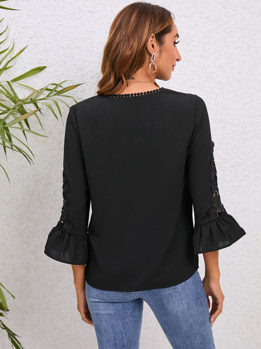 V-Neck Lace Detail Flounce Sleeve Blouse - Classique Collection