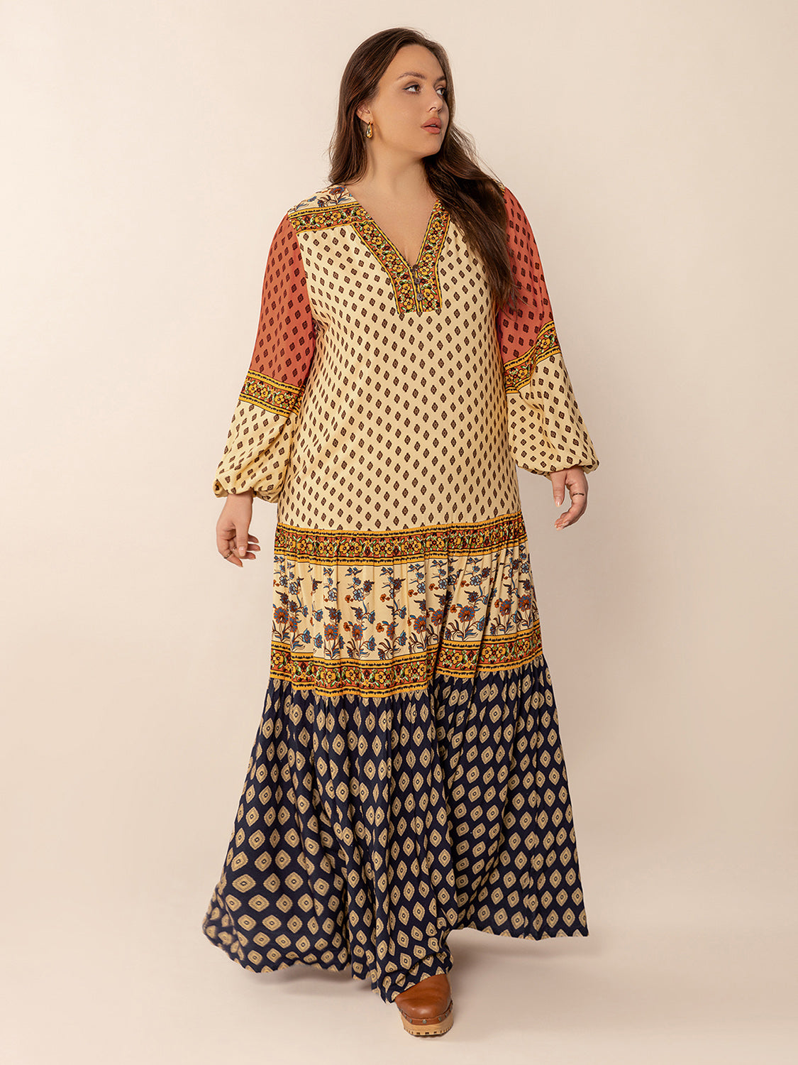 Plus Size Printed V-Neck Long Sleeve Maxi Dress - Classique Collection