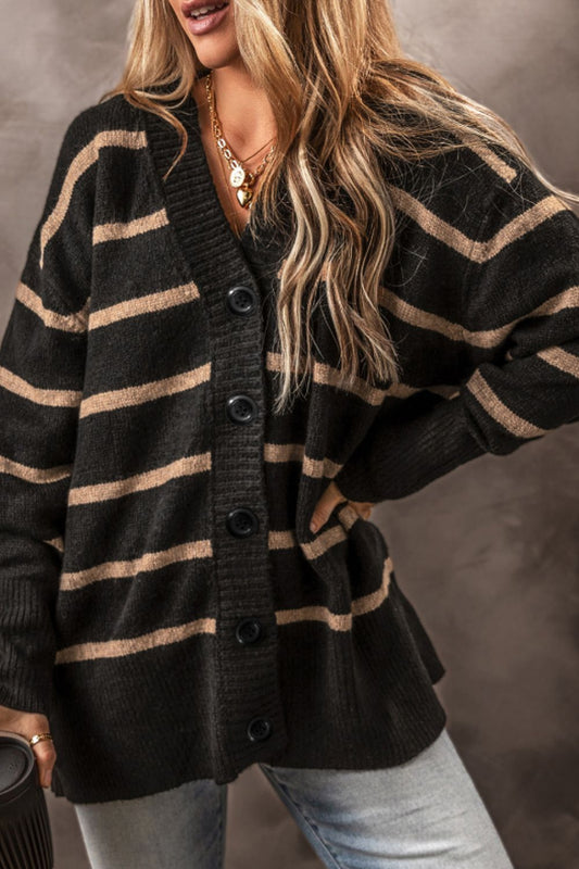 Striped Button Down Long Sleeve Cardigan - ClassiQ