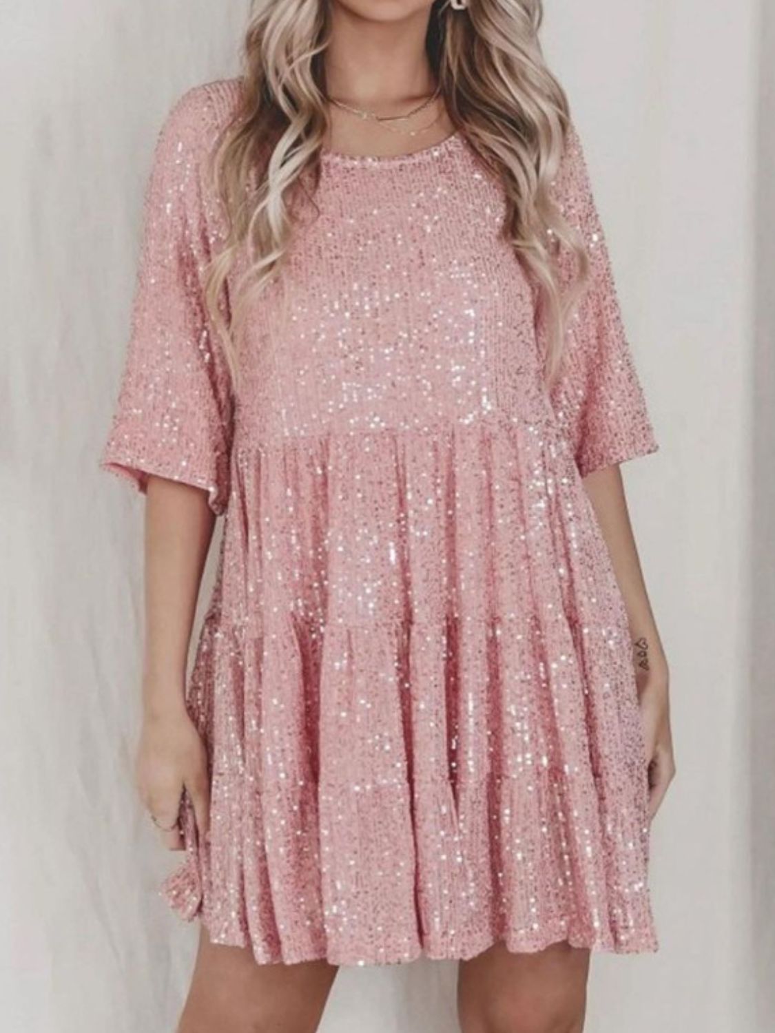 Sequin Round Neck Half Sleeve Mini Dress - Classique Collection