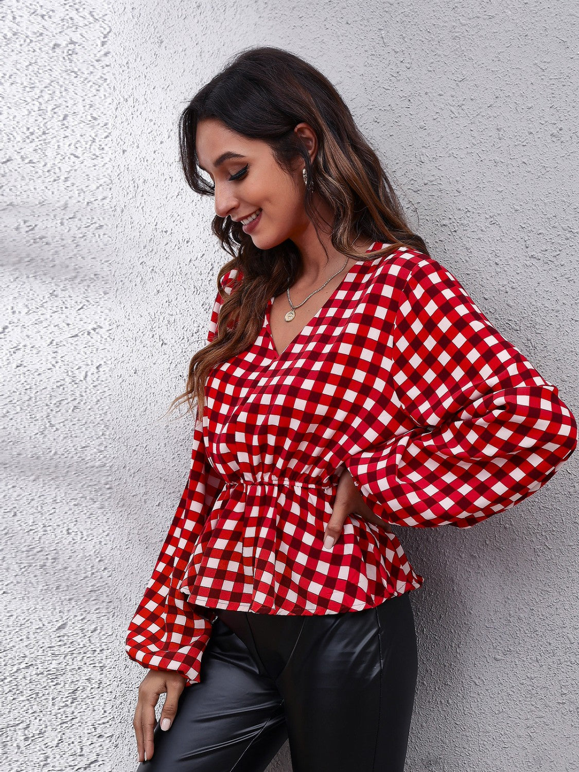 Plaid V-Neck Balloon Sleeve Peplum Blouse - Classique Collection