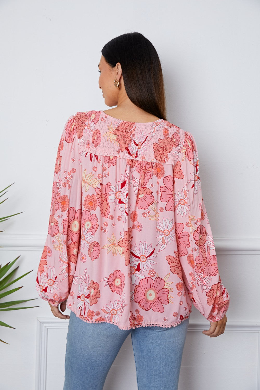 Floral Smocked Tassel Tie Balloon Sleeve Blouse - Classique Collection