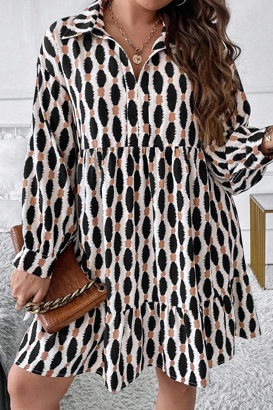 Plus Size Printed Johnny Collar Long Sleeve Dress - Classique Collection
