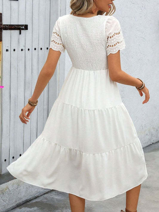 Smocked Round Neck Short Sleeve Dress - ClassiQ
