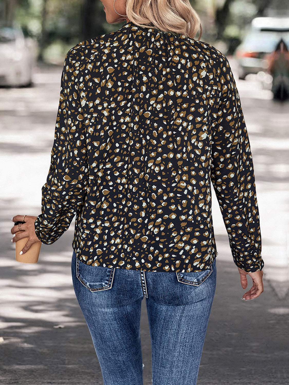Perfee Printed Tie Neck Long Sleeve Top - Classique Collection
