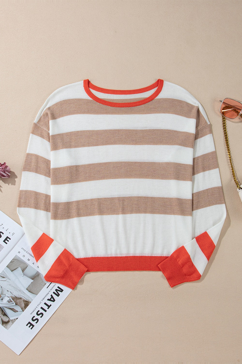 Contrast Striped Round Neck Drop Shoulder Knit Top - Classique Collection