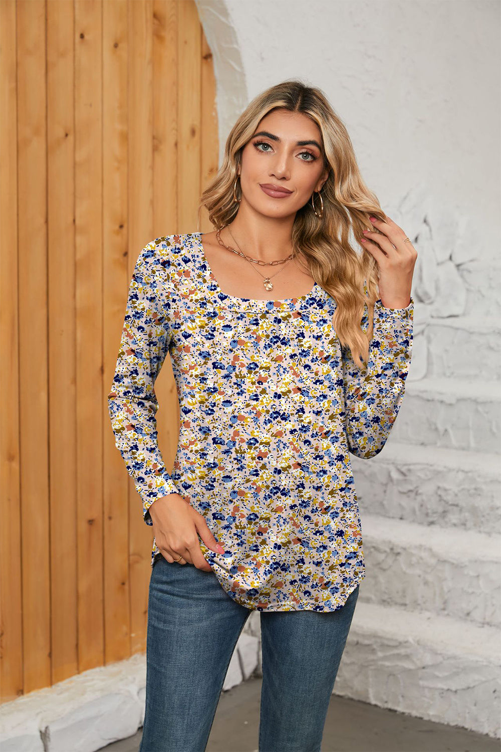 Printed Square Neck Long Sleeve Blouse - Classique Collection