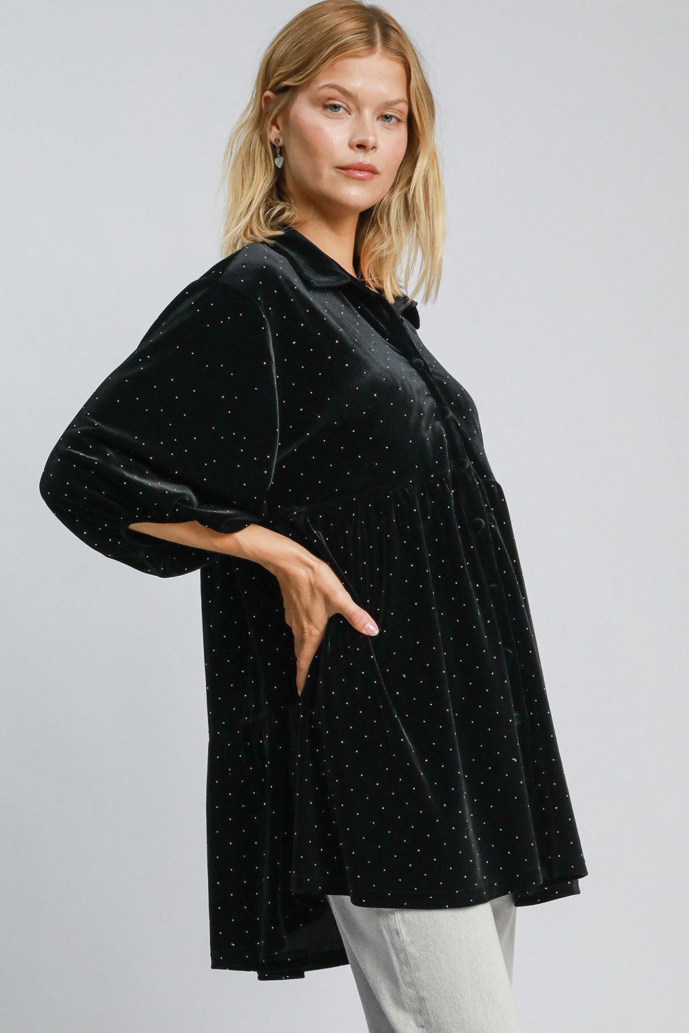 Umgee Full Size Polka Dot Button Up Half Sleeve Shirt - Classique Collection