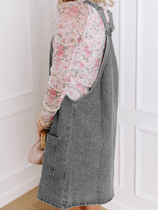Wide Strap Button Down Denim Overall Dress - Classique Collection