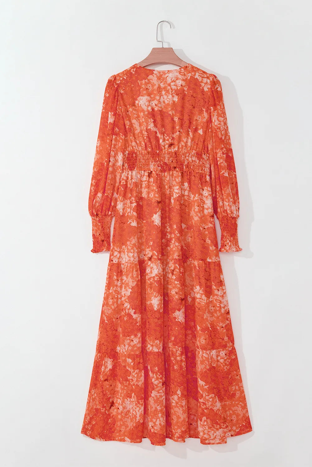 Smocked Printed V-Neck Long Sleeve Dress - Classique Collection