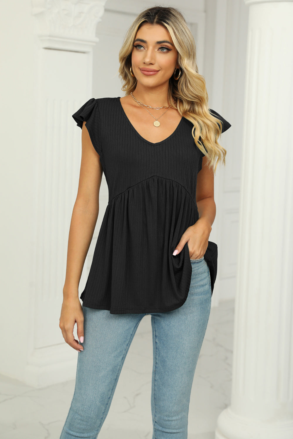 V-Neck Flutter Sleeve Babydoll Blouse - Classique Collection