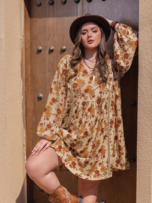 Plus Size Printed V-Neck Balloon Sleeve Mini Dress - Classique Collection