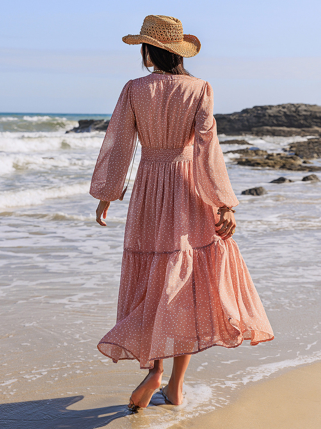 Embroidered Polka Dot Tie Neck Long Sleeve Midi Dress - Classique Collection