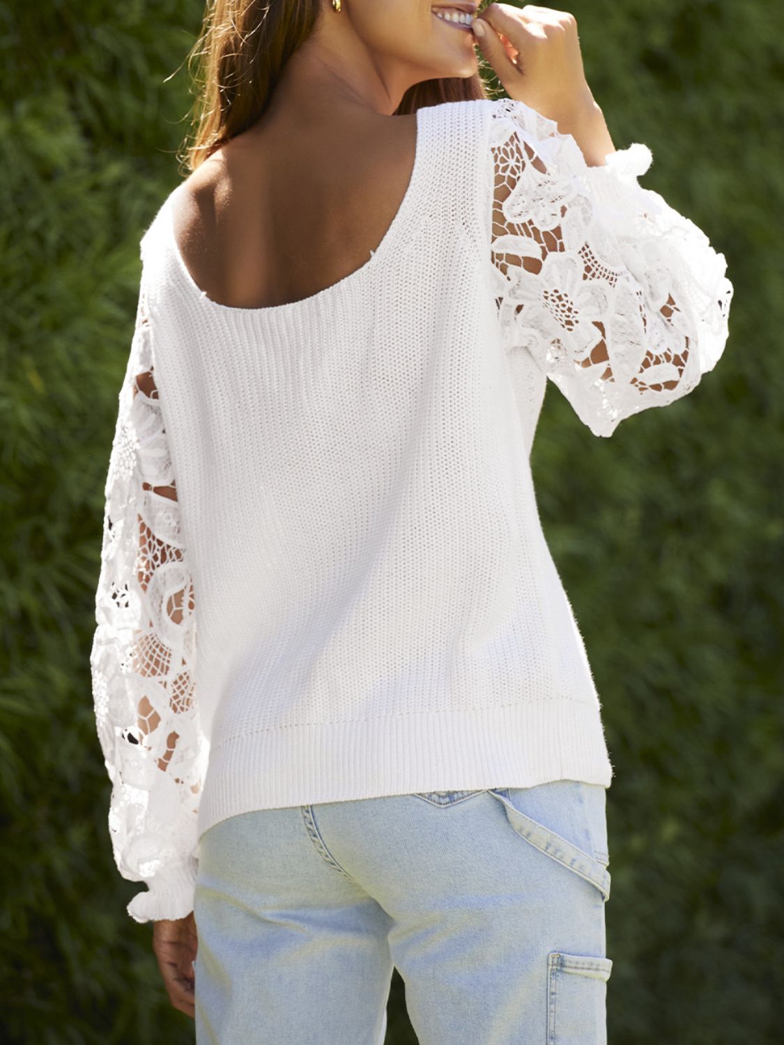 Ribbed Lace Trim Flounce Sleeve Knit Top - Classique Collection