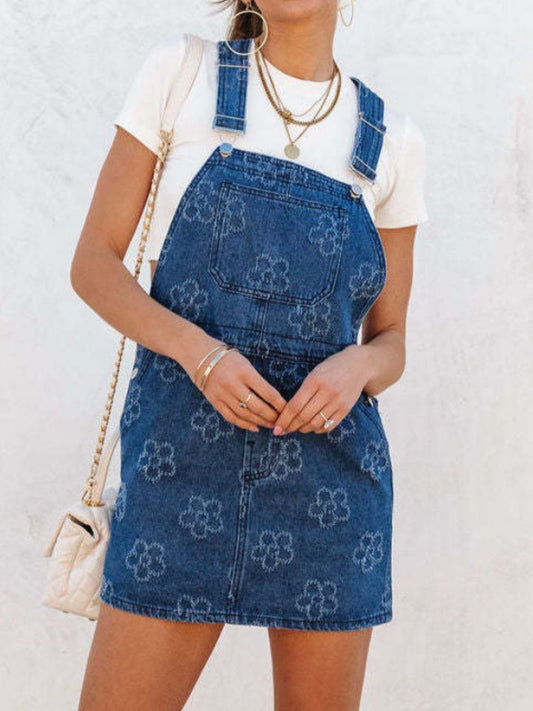 Flower Wide Strap Denim Overall Dress with Pockets - Classique Collection
