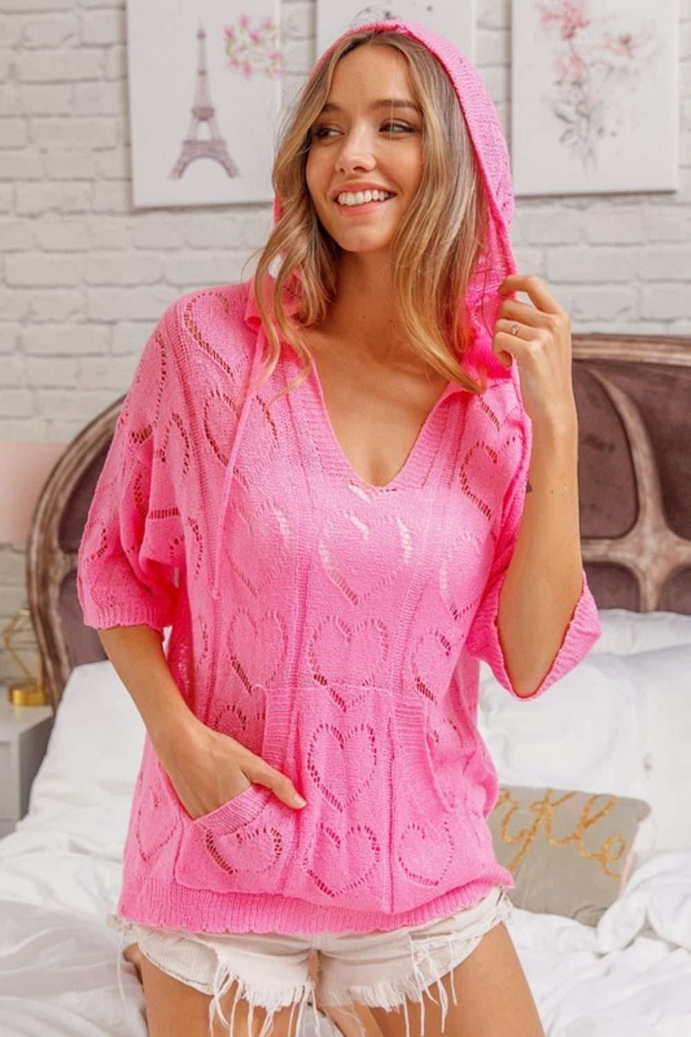 BiBi Openwork Heart Hooded Knit Top - ClassiQ