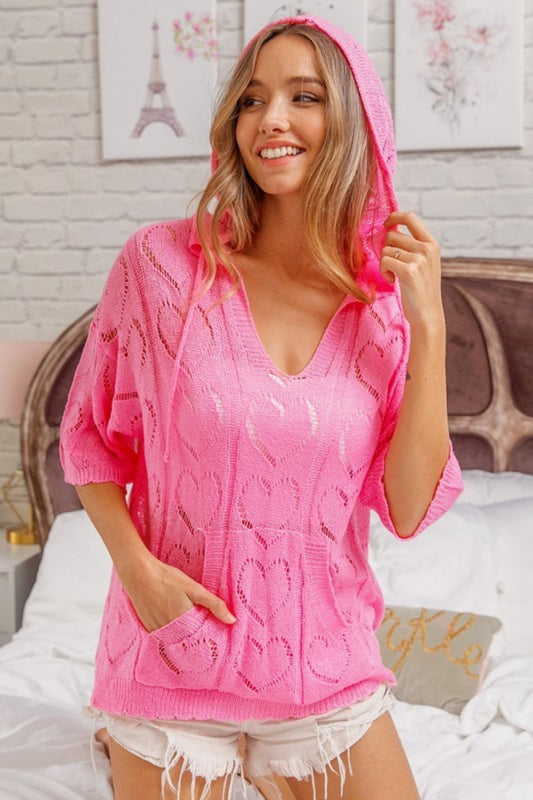 BiBi Openwork Heart Hooded Knit Top - ClassiQ
