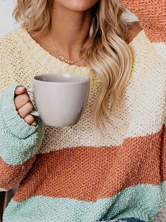 Color Block Round Neck Long Sleeve Sweater - Classique Collection