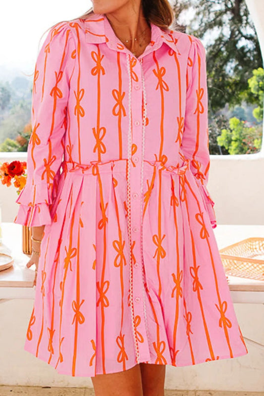 Ruffled Bow Printed Three-Quarter Sleeve Shirt Dress - Classique Collection