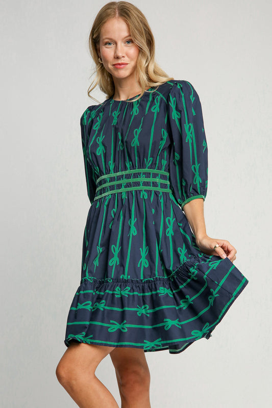 Umgee Ribbon Print Frill Contrast Velvet Trim Half Sleeve Dress - Classique Collection