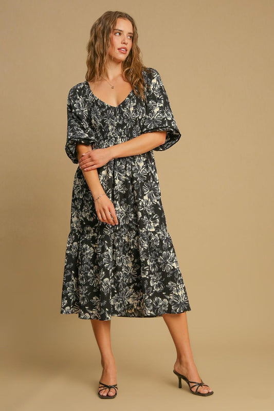 Umgee Ruffle Hem Flower Printed V-Neck Dress - Classique Collection