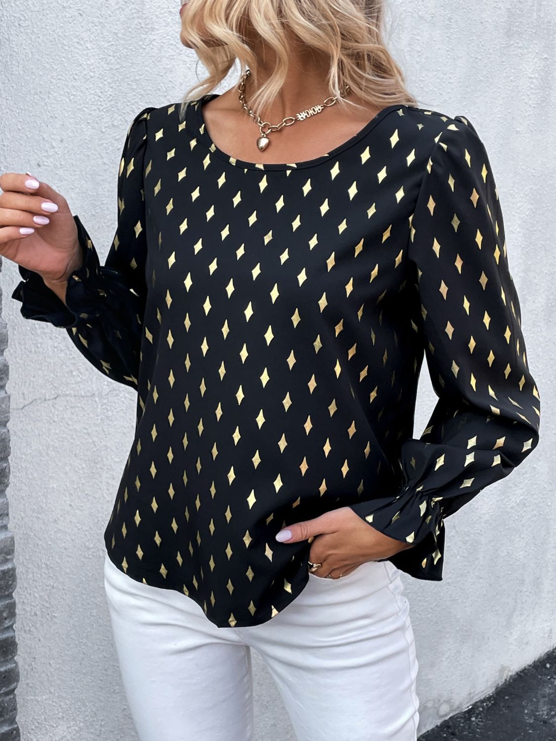 Perfee Printed Round Neck Flounce Sleeve Blouse - Classique Collection