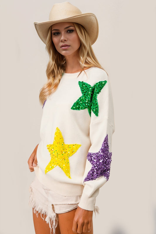 Double Take Sequin Star Round Neck Dropped Shoulder Sweater - ClassiQ