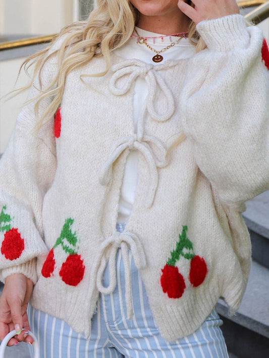 Tied Cherry Round Neck Long Sleeve Cardigan - Classique Collection