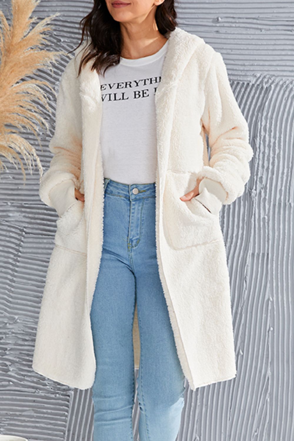 Double Take Full Size Hooded Teddy Bear Jacket with Thumbholes - ClassiQ