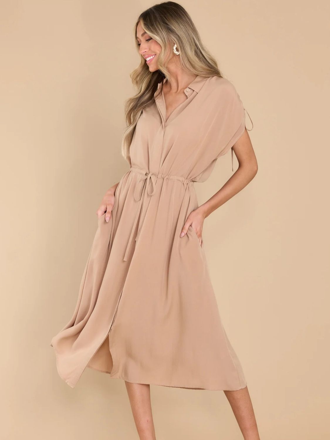 Drawstring Collared Neck Short Sleeve Midi Dress - Classique Collection