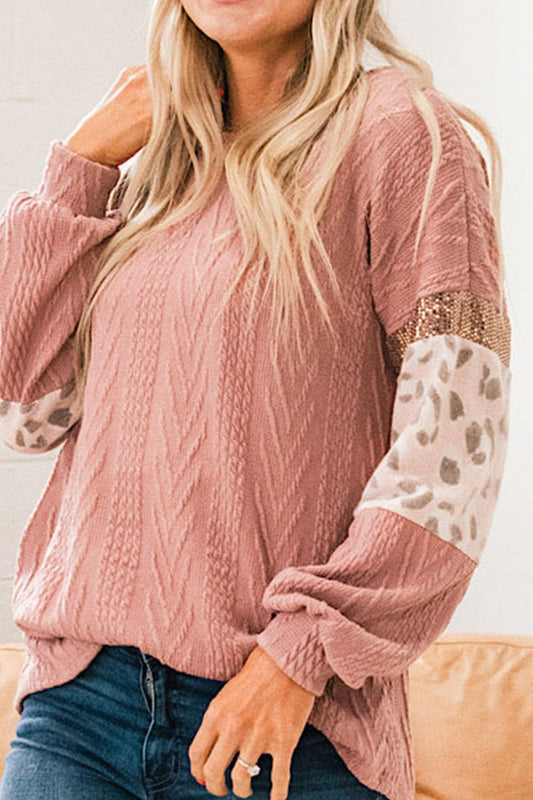 Sequin Leopard Round Neck Long Sleeve Sweater - Classique Collection