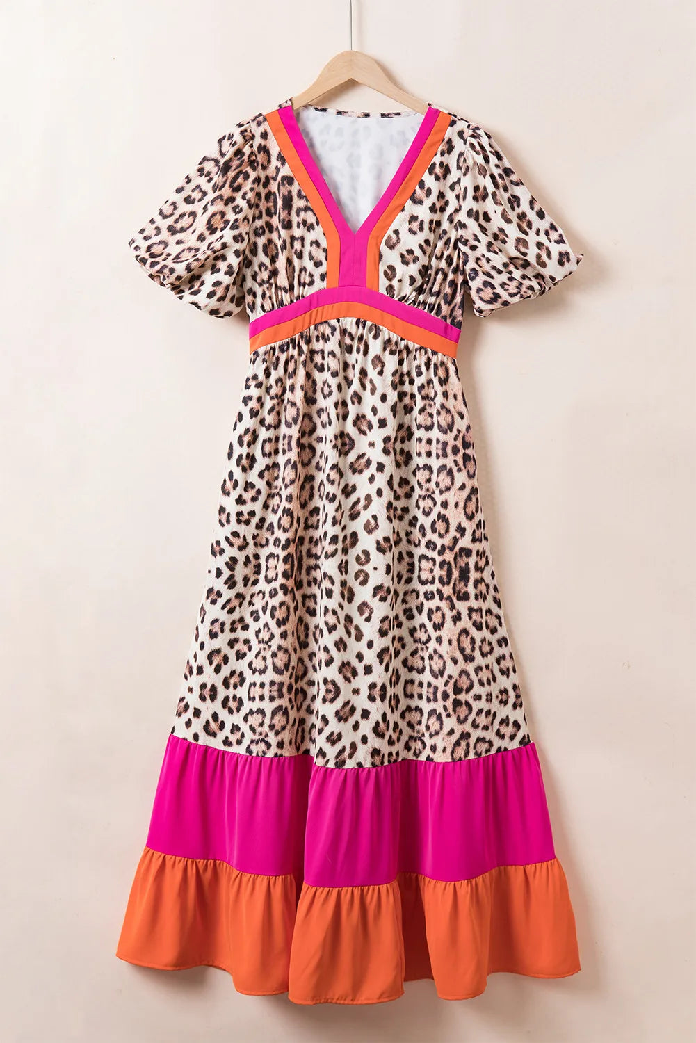 Full Size Leopard V-Neck Half Sleeve Maxi Dress - Classique Collection