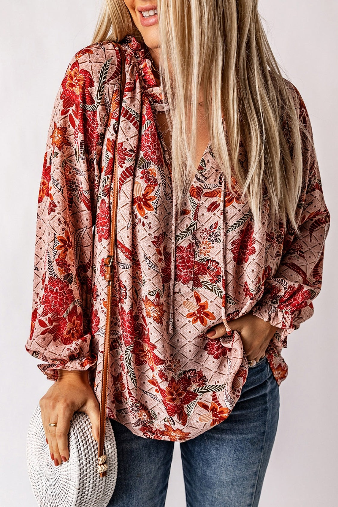 Floral Tie Neck Flounce Sleeve Blouse - Classique Collection
