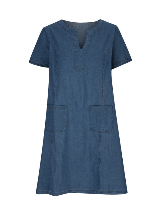 Full Size Notched Short Sleeve Denim Dress - Classique Collection