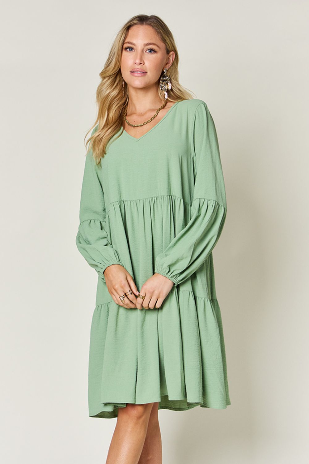 Double Take Full Size V-Neck Balloon Sleeve Tiered Dress with Pockets - Classique Collection