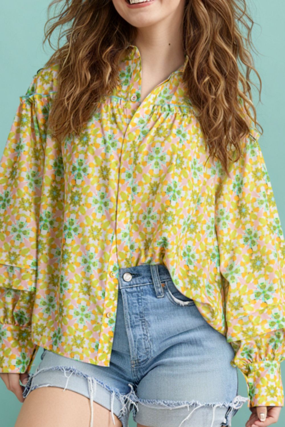 Frill Printed Collared Neck Long Sleeve Blouse - Classique Collection