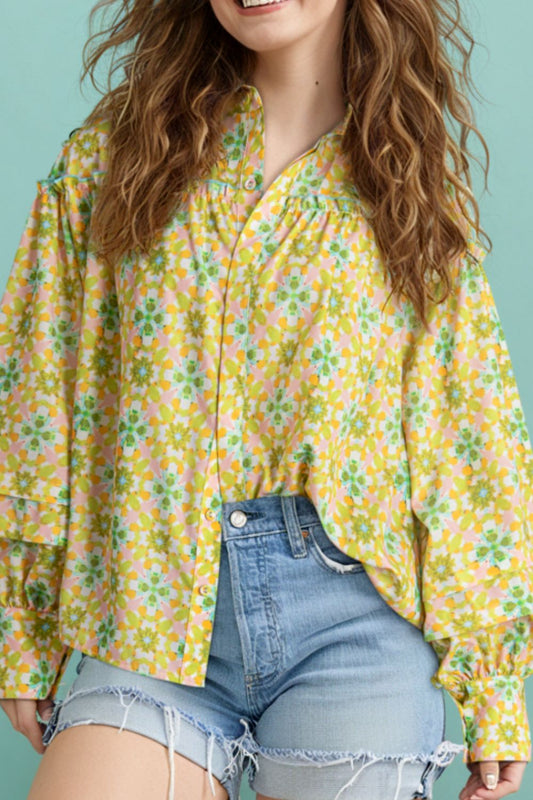 Frill Printed Collared Neck Long Sleeve Blouse - Classique Collection